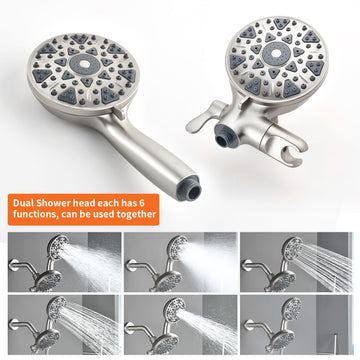 Brushed Nickel Shower Set with Pressure Balance Valve 6 Function Dual Shower Heads and Tub Spout