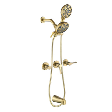 Brushed Gold Shower Set with Triple Handle Control 6 Function Dual Shower Heads and High Flow Tub Spout
