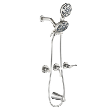 Brushed Nickel Shower Set with Triple Handle Control 6 Function Dual Shower Heads and High Flow Tub Spout