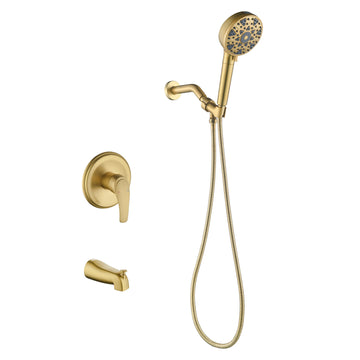 Brushed Gold Shower Set with cUPC Pressure Balance Valve 7 Function Filter Handheld Shower and High Flow Tub Spout