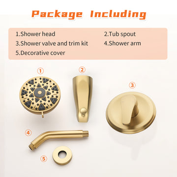 Brushed Gold Shower Set with cUPC Pressure Balance Valve 6 Function ABS Shower Head and High Flow Tub Spout