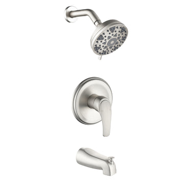 Brushed Nickel Shower Set with cUPC Pressure Balance Valve 6 Function ABS Shower Head and High Flow Tub Spout