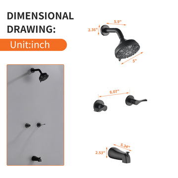 Matte Black Shower Set with 6 Function ABS Shower Head Dual Handle Control and High Flow Tub Spout