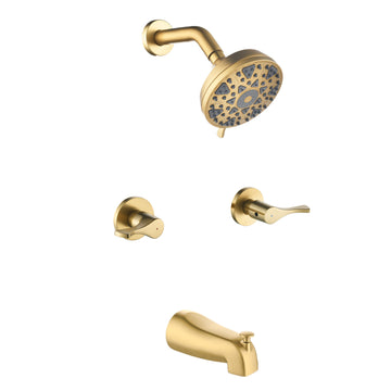 Brushed Gold Shower Set with 6 Function ABS Shower Head Dual Handle Control and High Flow Tub Spout