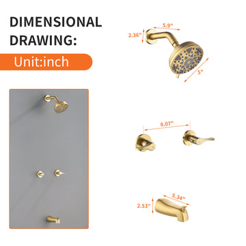 Brushed Gold Shower Set with 6 Function ABS Shower Head Dual Handle Control and High Flow Tub Spout