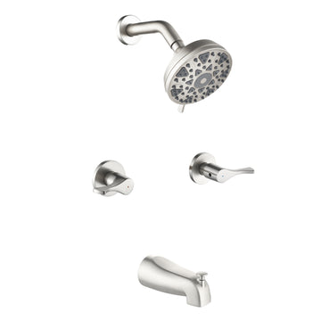 Brushed Nickel Shower Set with 6 Function ABS Shower Head Dual Handle Control and High Flow Tub Spout