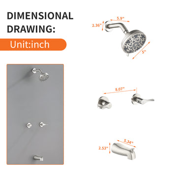 Brushed Nickel Shower Set with 6 Function ABS Shower Head Dual Handle Control and High Flow Tub Spout