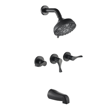 Matte Black Shower Set with 6 Function ABS Overhead Shower Three Handle Control and High Flow Tub Spout