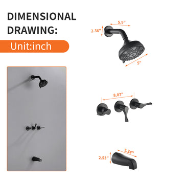 Matte Black Shower Set with 6 Function ABS Overhead Shower Three Handle Control and High Flow Tub Spout