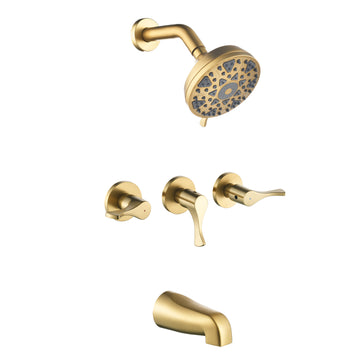 Brushed Gold Shower Set with 6 Function ABS Overhead Shower Three Handle Control and High Flow Tub Spout