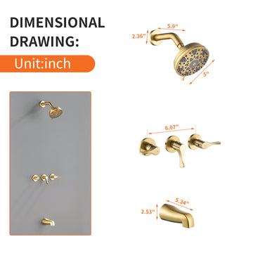 Brushed Gold Shower Set with 6 Function ABS Overhead Shower Three Handle Control and High Flow Tub Spout