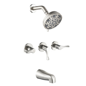 Brushed Nickel Shower Set with 6 Function ABS Overhead Shower Three Handle Control and High Flow Tub Spout
