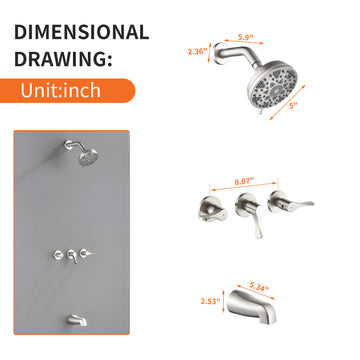 Brushed Nickel Shower Set with 6 Function ABS Overhead Shower Three Handle Control and High Flow Tub Spout