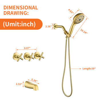 Brushed Gold Shower Set with 10 Function ABS Handheld Shower Three Handle Control and High Flow Tub Spout