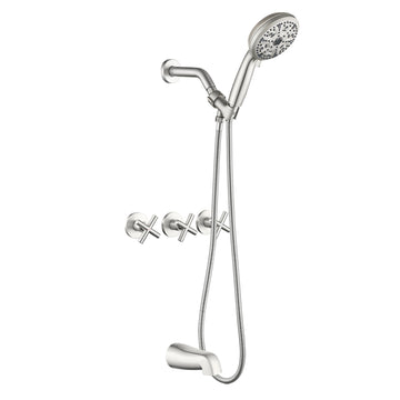 Brushed Nickel Shower Set with 10 Function ABS Handheld Shower Three Handle Control and High Flow Tub Spout