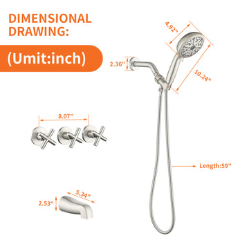 Brushed Nickel Shower Set with 10 Function ABS Handheld Shower Three Handle Control and High Flow Tub Spout