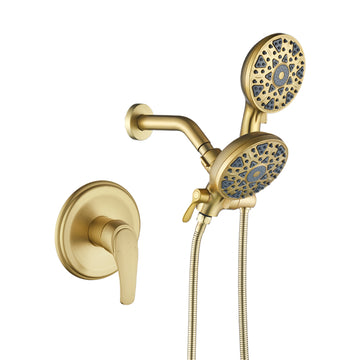 Brushed Gold Brass Shower Faucet Set with Pressure Balance Valve 6-Function Dual Sprayers cUPC Certified 1.5m Stainless Steel Hose