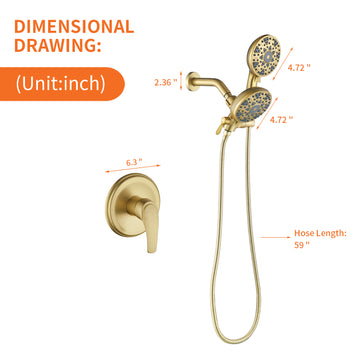 Brushed Gold Brass Shower Faucet Set with Pressure Balance Valve 6-Function Dual Sprayers cUPC Certified 1.5m Stainless Steel Hose
