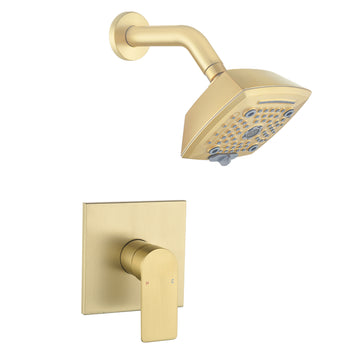Brushed Gold Brass Shower Set 5-Function ABS Top Spray Pressure Balance Valve 1/2NPT Thread Fingerprint-Free