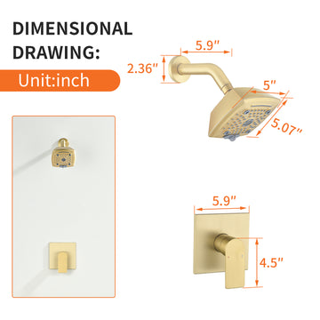 Brushed Gold Brass Shower Set 5-Function ABS Top Spray Pressure Balance Valve 1/2NPT Thread Fingerprint-Free