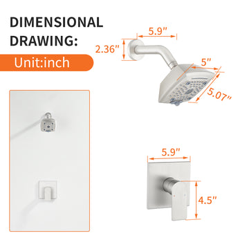 Brushed Brass Shower Faucet Set cUPC Pressure Balance Valve 5-Function ABS Top Spray 1/2NPT Thread Fingerprint-Free