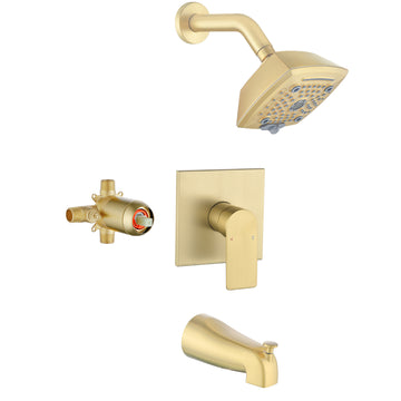 Brushed Gold Brass Shower Set 5-Function ABS Top Spray Pressure Balance Valve Large Flow Lift-Up Spout 1/2NPT Thread