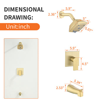 Brushed Gold Brass Shower Set 5-Function ABS Top Spray Pressure Balance Valve Large Flow Lift-Up Spout 1/2NPT Thread