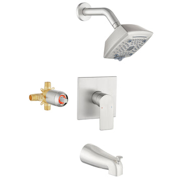 Brushed Brass Shower Faucet Set 5-Function ABS Top Spray Pressure Balance Valve Large Flow Lift-Up Spout 1/2NPT Thread