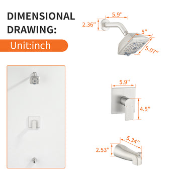 Brushed Brass Shower Faucet Set 5-Function ABS Top Spray Pressure Balance Valve Large Flow Lift-Up Spout 1/2NPT Thread