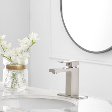Single Handle Single Hole Bathroom Faucet with Deckplate Included, Pop Up Drain and Water Supply Hoses in Brushed Nickel