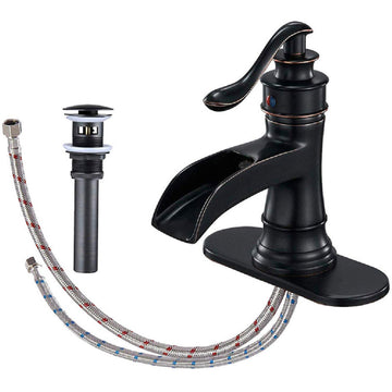 Waterfall Single Hole Single-Handle Low-Arc Bathroom Faucet with Pop-up Drain Assembly in Oil Rubbed Bronze