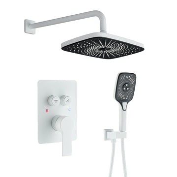 2-Function Shower System, Wall Mounted 10" Rain Shower Head, High-Pressure Luxury Shower Faucet Set with Temperature Display, Pressure Balancing Valve & Solid Brass Body, Matte White