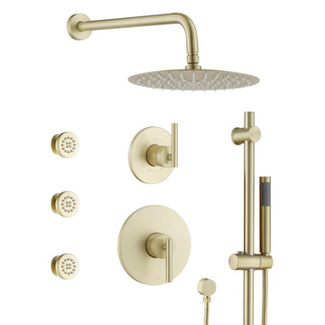 10-Inch Rainfall Shower System with Body Jets, Handheld Shower & Side Spray, Adjustable Lift Rod with All-Brass High-Pressure Shower Faucet Set, Brushed Gold