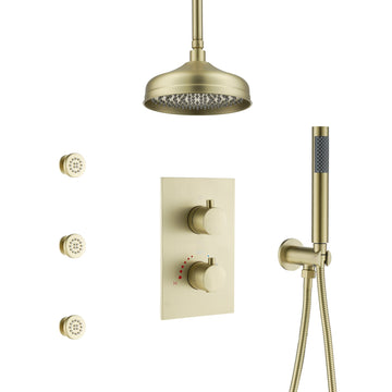 Luxury Shower System with Body Jets, 8-Inch Rainfall Shower Head with Handheld Shower, Thermostatic Valve & All-Brass High-Pressure Shower Faucet Set with One-Button Water Control, Brushed Gold