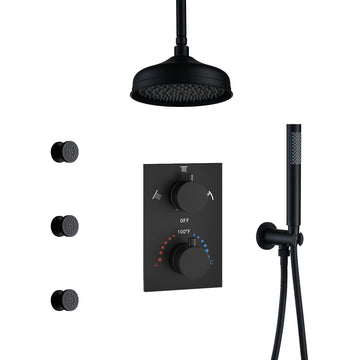 Luxury Shower System with Body Jets, 8-Inch Rainfall Shower Head with Handheld Shower, Thermostatic Valve & All-Brass High-Pressure Shower Faucet Set with One-Button Water Control, Matte Black