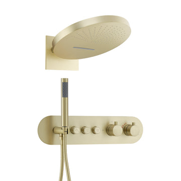 16-inch Thermostatic Shower System 2-Function Wall Mounted All-Copper Shower Set with Rainfall & Waterfall Modes 59" Hose & Ergonomic Handheld, Brushed Gold