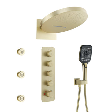 3-Function Wall Mounted 16" Thermostatic Shower System with Body Jets, 2-Mode Rainfall Showerhead, 3-Spray Handheld for Bathroom, Brushed Gold