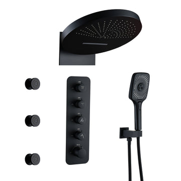 3-Function Wall Mounted 16" Thermostatic Shower System with Body Jets, 2-Mode Rainfall Showerhead, 3-Spray Handheld for Bathroom, Matte Black