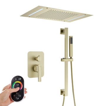 Luxury Shower Faucet with Adjustable Side Bar, 20" x 14" LED Rainfall Shower System, Handheld Shower with 59" Hose, Lift Rod Design for Full Family Use, Brushed Gold
