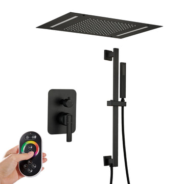 Luxury Shower Faucet with Adjustable Side Bar, 20" x 14" LED Rainfall Shower System, Handheld Shower with 59" Hose, Lift Rod Design for Full Family Use, Matte Black
