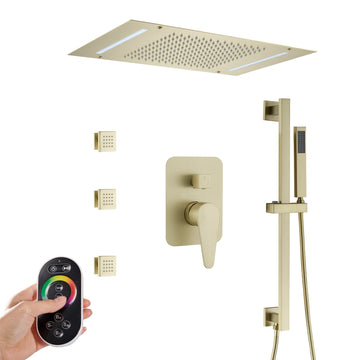 Luxury Shower System Square Top Spray with Body Jets, LED Light Single-Function Handle, and Adjustable Lifting Rod for Bathroom, Brushed Gold