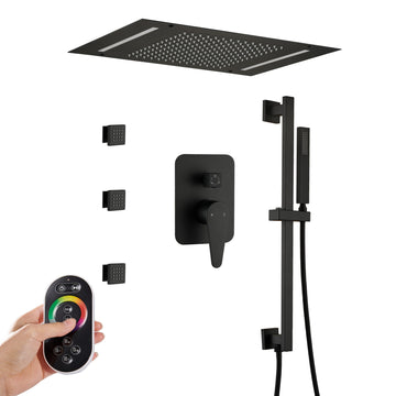 Luxury Shower System Square Top Spray with Body Jets, LED Light Single-Function Handle, and Adjustable Lifting Rod for Bathroom, Matte Black