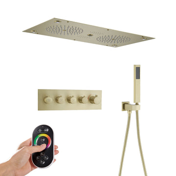 Modern Luxury Ceiling Mounted Thermostatic Rainfall Shower System with Bluetooth Speakers, LED Ambient Lighting & Smart Temperature Control,High-Performance Shower for Bathroom, Brushed Gold