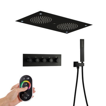 Modern Luxury Ceiling Mounted Thermostatic Rainfall Shower System with Bluetooth Speakers, LED Ambient Lighting & Smart Temperature Control,High-Performance Shower for Bathroom, Matte Black