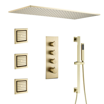 Luxury Thermostatic Shower System with Body Jets, Square Rainfall Shower Head with Handheld Shower, Temperature Control, Brushed Gold
