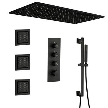 Luxury Thermostatic Shower System with Body Jets, Square Rainfall Shower Head with Handheld Shower, Temperature Control, Matte Black