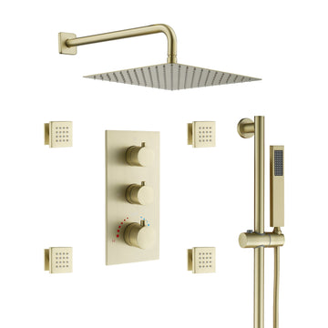 12-Inch Luxury Thermostatic Shower System with Body Jets, Stainless Steel Square Rainfall Shower Head, and Handheld Spray, 4 Side Body Jets, Brushed Gold