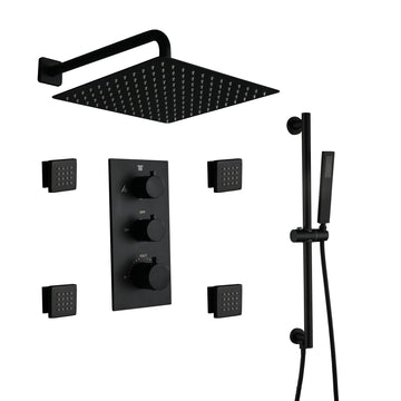 12-Inch Luxury Thermostatic Shower System with Body Jets, Stainless Steel Square Rainfall Shower Head, and Handheld Spray, 4 Side Body Jets, Matte Black