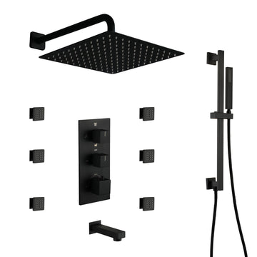 12-Inch Luxury Thermostatic Shower System with Body Jets, Stainless Steel Square Rainfall Shower Head, and Handheld Spray, 6 Side Body Jets, Matte Black