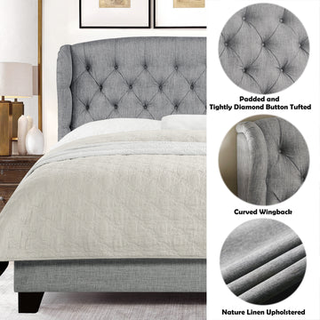 High Back Upholstered Bed Button Tufted Bed Frame with Solid Wood Structure Soft Fabric Headboard